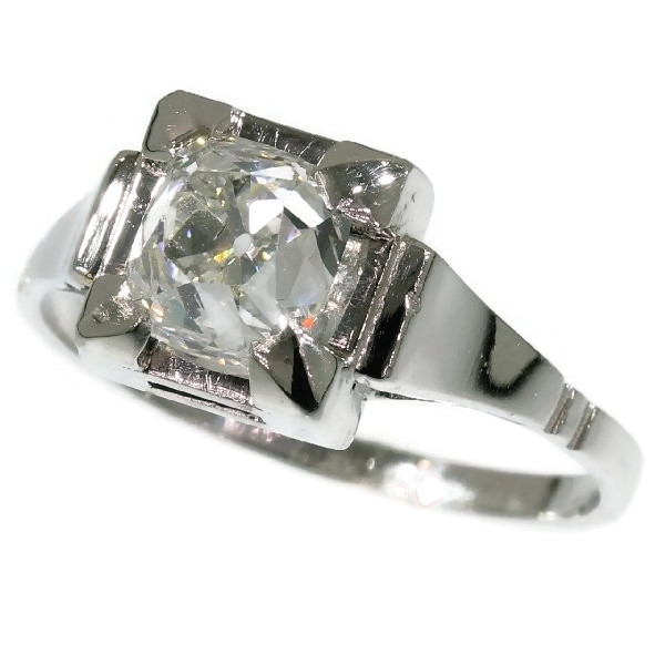 Art Deco engagement ring with high domed cushion cut old mine or peruzzi cut diamond